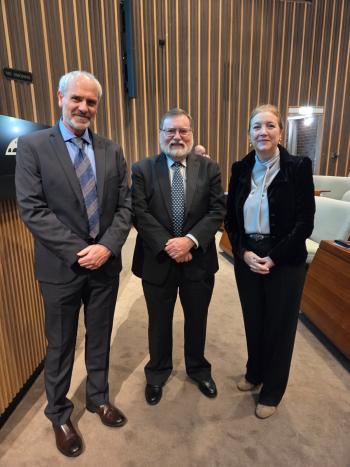 Prof Tony Haymet stands with Dr Josep 'Pep' Canadell and Her Excellency Esther Monterrubio Villar