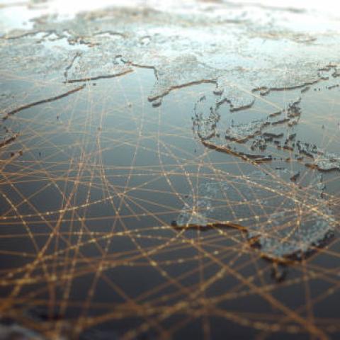 Map of the world with curved lines indicating connections overlayed