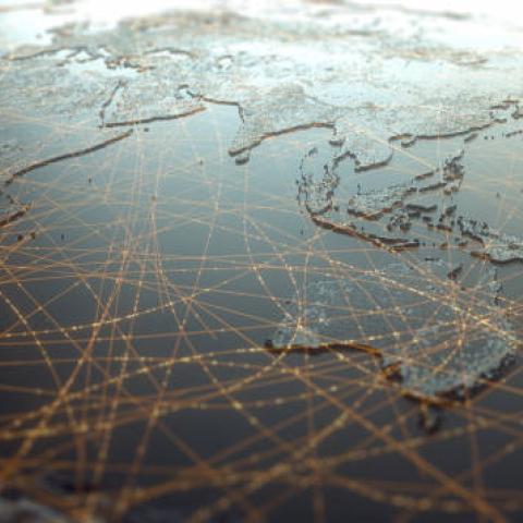 Map of the world with curved lines indicating connections overlayed