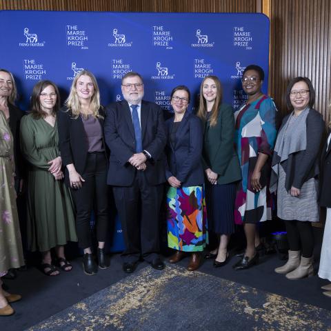 Professor Tony Haymet stands with the 2026 Marie Krogh Young Women in Science Prize finalists.