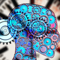 Human head in outline, filled with blue and pink cogs of different sizes. 