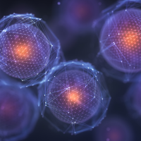 Geometric patterns mapped around glowing spheres