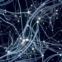 Tangle of wires linked up at several bright, circular nodes
