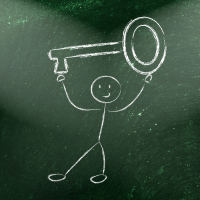 Smiling stick-figure holding a key overhead