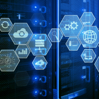 Several hexagons containing symbols representing different tech options