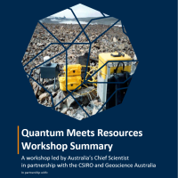 Cover image of the Quantum Meets Resources Summary, displaying scientific equipment on a rocky landscape